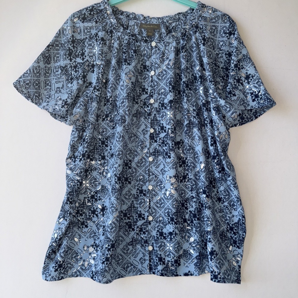 Style & Co Women's Printed‎ Flutter-Sleeve Top Blue Large Blouse Casual